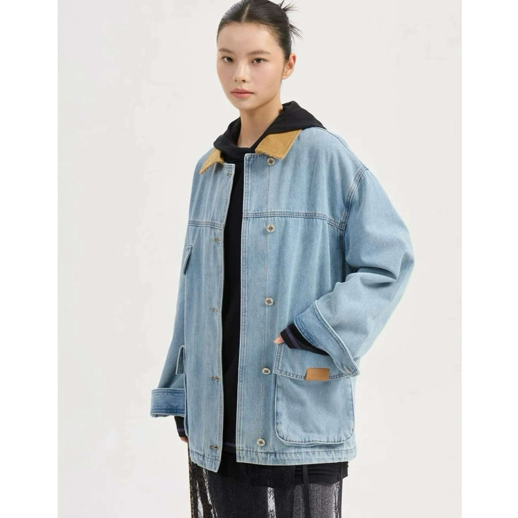 

Lemon Cheese LUC25 Loose Casual Waed Denim Collar Stand Color Blo Plaid Outerwear Long Sve Ne Pure Color Commute