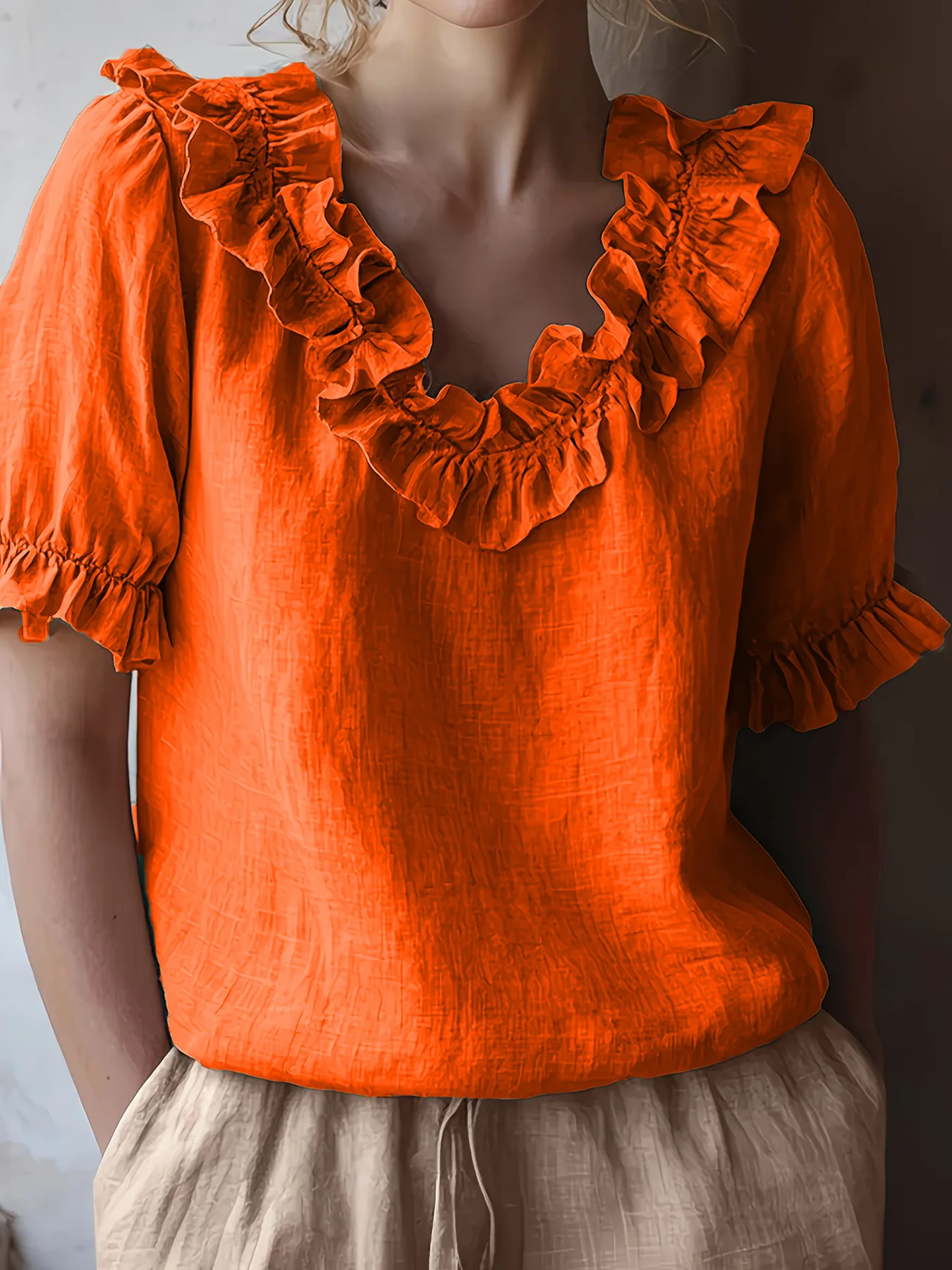 1-piece fashionable casual ruffle round neck ethnic style French elegant vintage commuting pure color shirt, belly-covering skin