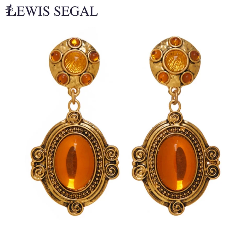 

LEWIS SEGAL Round Champagne Colored Gemstone Drop Earrings for Women Luxury Medieval Style Fine Jewelry 18K Gold Plated