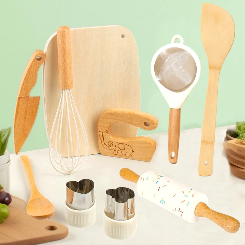 Ferramentas de cozinha montessori, conjunto de cozinha real, brinquedos educativos de madeira para crianças, facas seguras, conjunto de cozimento, acessórios de cozinha para meninos e meninas