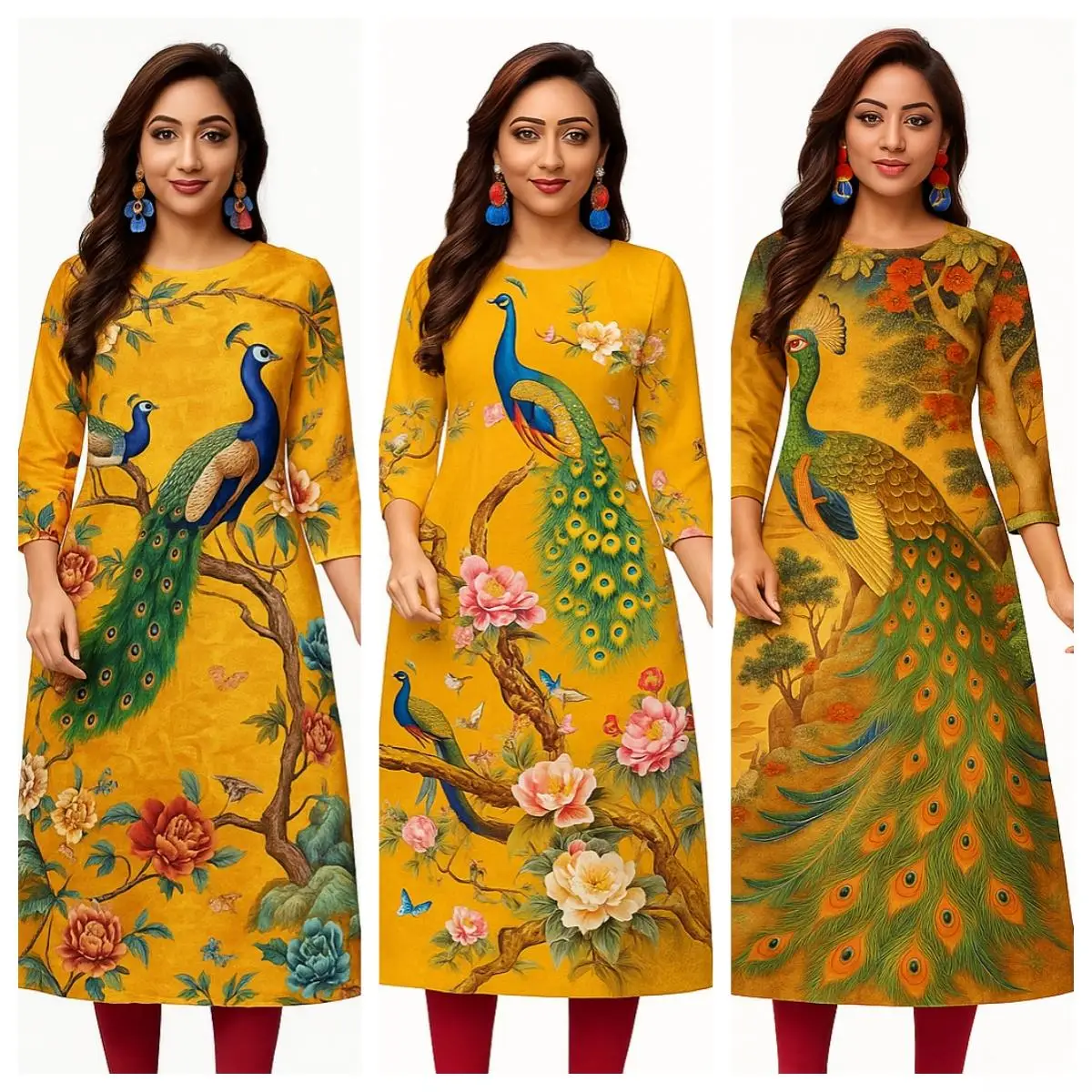 Kurt Women's Fashion Comfortable Dress Long Sleeve Straight Tube Casual Ethnic Round Neck Peacock Pattern New Style Skirt2026