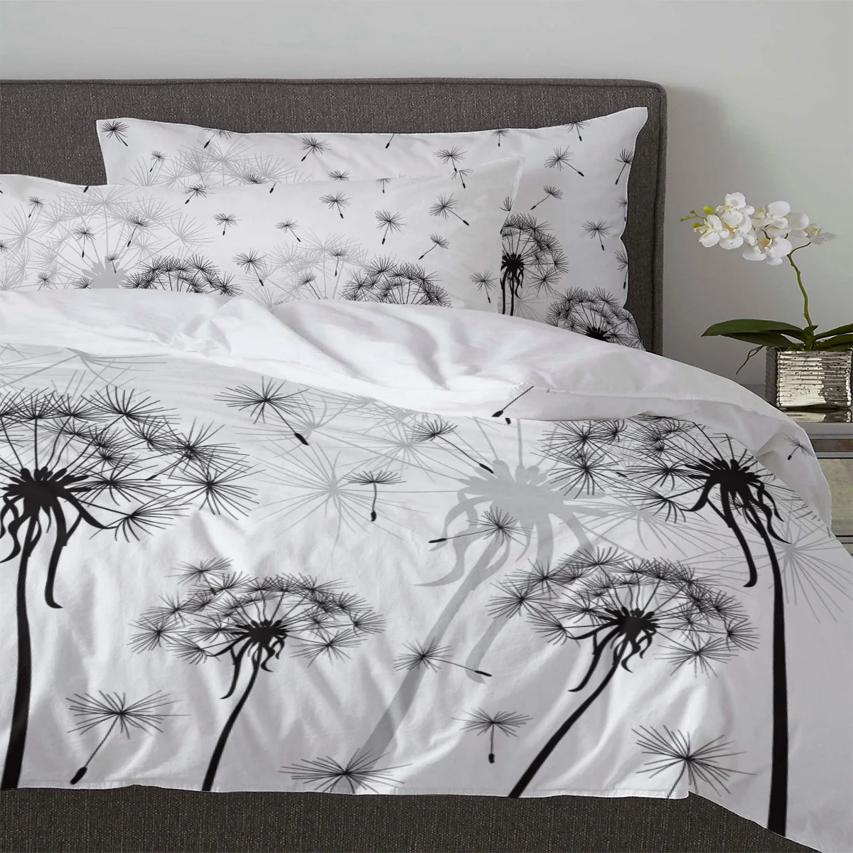 أبيض وأسود نبات الهندباء غطاء لحاف مع كيس وسادة مخصص 3 قطعة طقم سرير غطاء لحاف سرير مزدوج المنسوجات المنزلية
