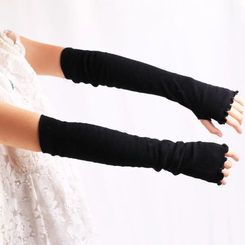 Knitted Ruffled Arm Sleeve Fine Long Knitted Fingerless Gloves Warm Riding Soft Female Gloves Autumn Winter Women Arm Warmers