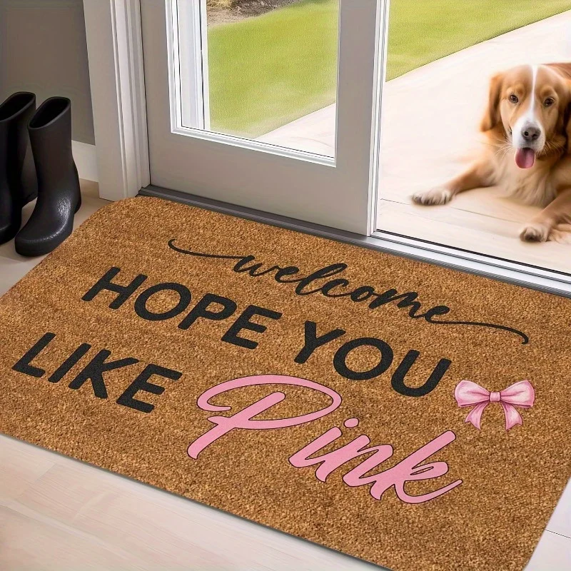 Cute Bow Print Welcome Hope You Like Pink Doormat Entryway Porch Kitchen Balcony Bathroom Bedroom Indoor Outdoor Floor Rug