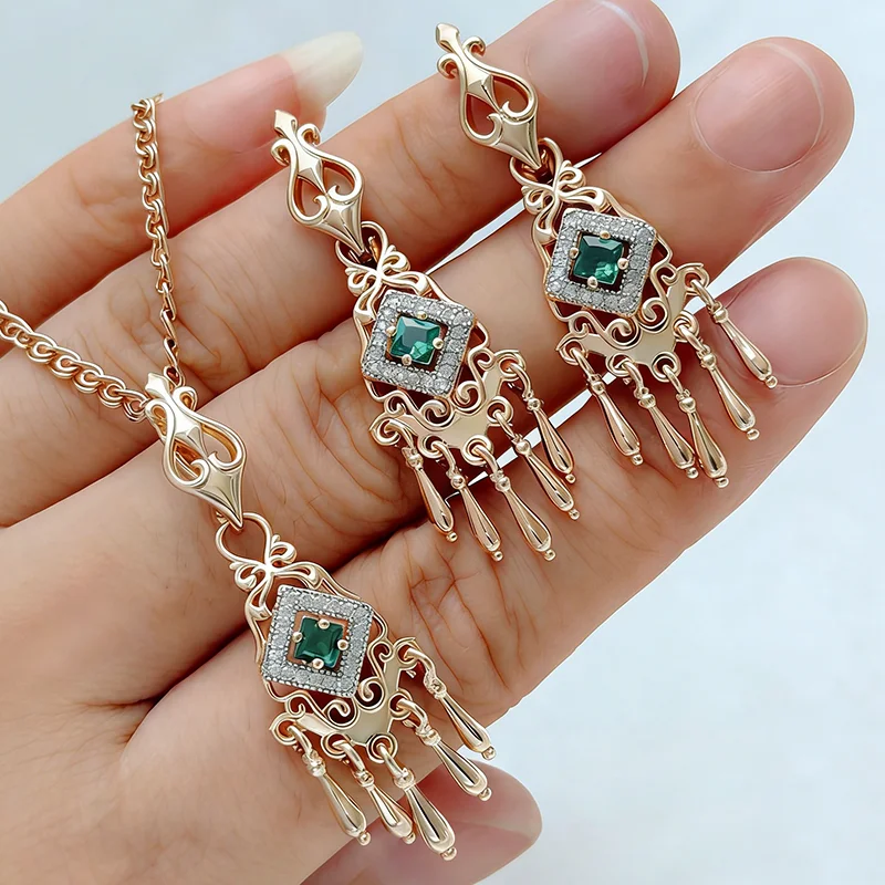 

Наборы украшений Kinel с блестящим зеленым натуральным цирконием для женщин, модные кольца, серьги, ожерелье из розового золота 585 пробы, 3 шт., винтажные украшения