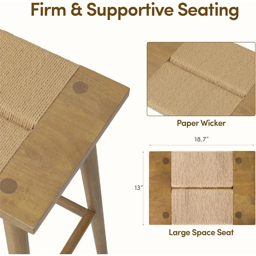 Thor Wicker Counter Height Stool with Hand-Knitted Rope, Backless Island Seat for Kitchen, Solid Wood Construction