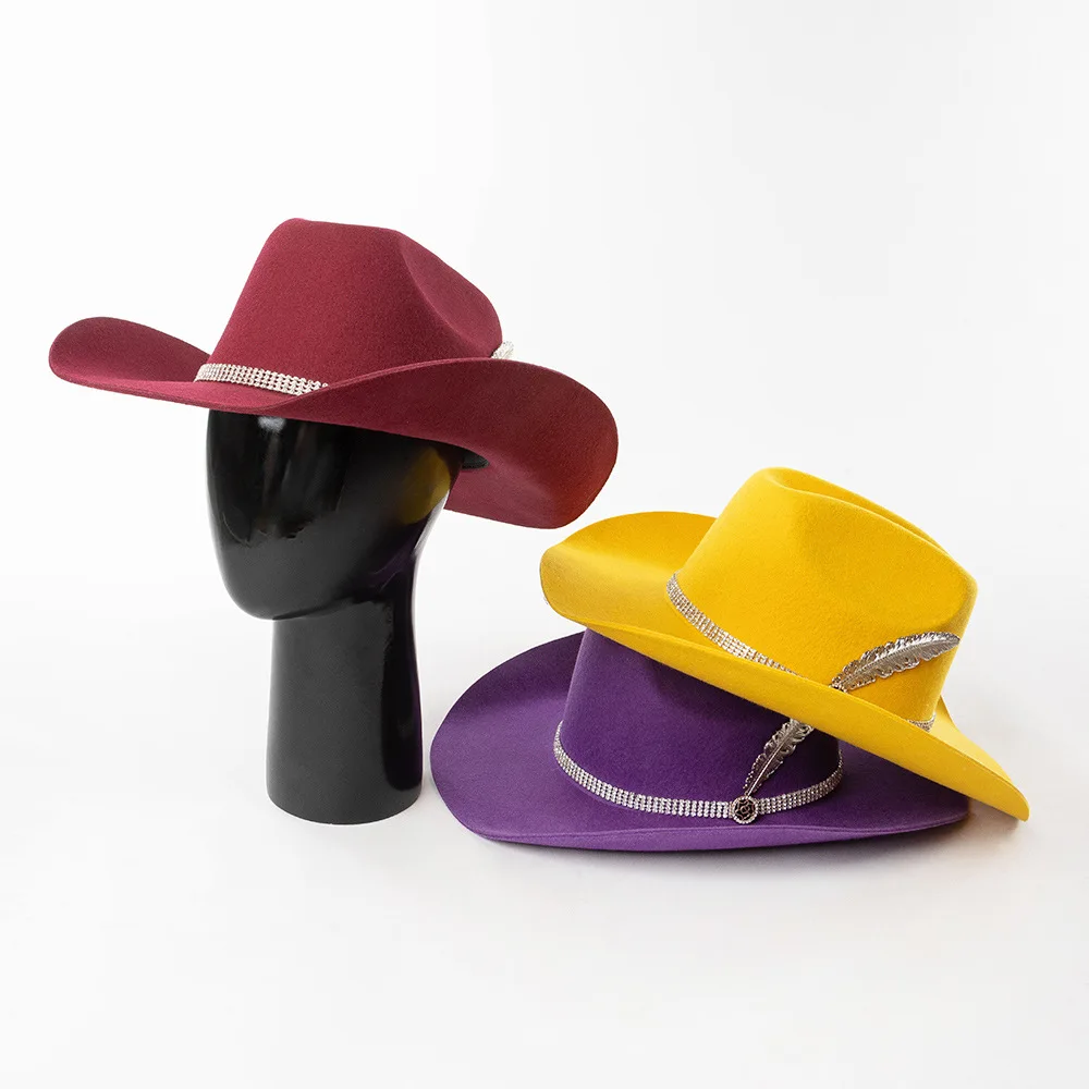 Fashionable Casual Rhinestone Metal Feather Wide Brim Wool Felt Western Cowboy Hat