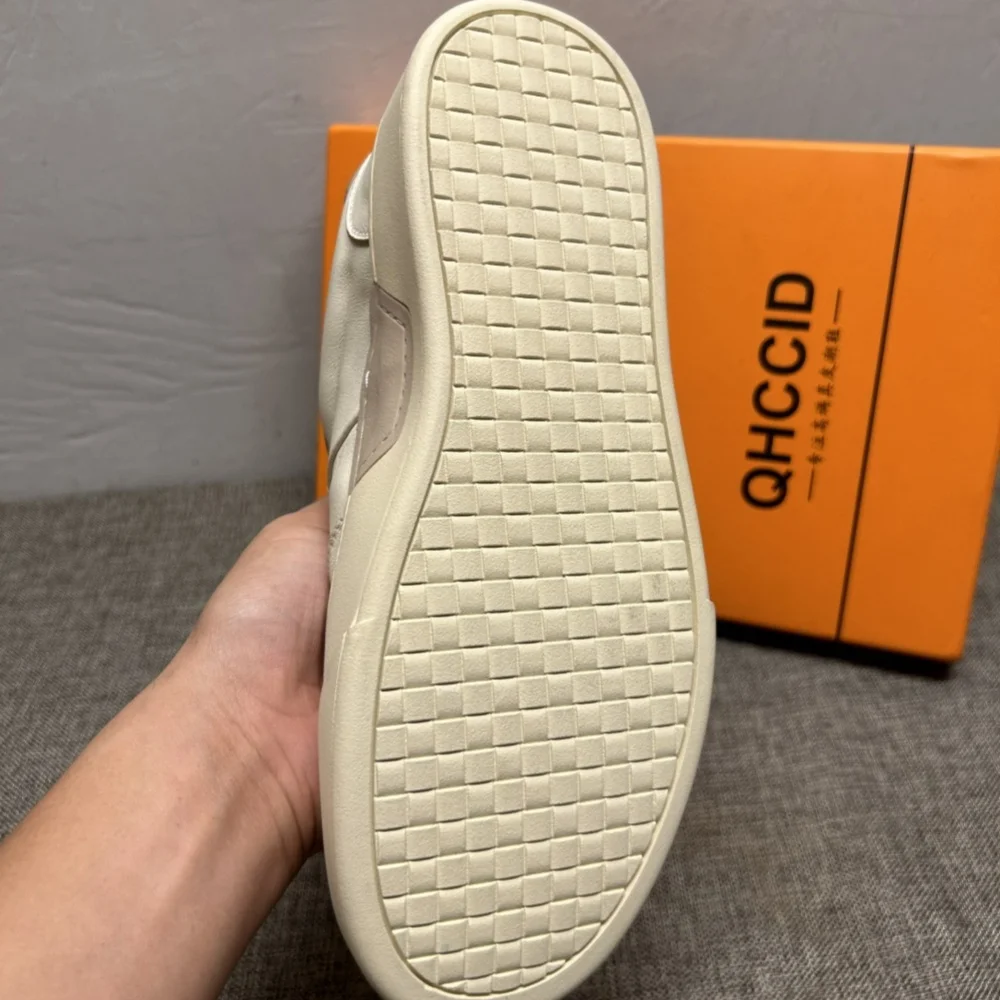 أحذية رياضية بيضاء من الجلد الطبيعي بتصميم جديد للخريف/الشتاء للرجال - قمة منخفضة، أحذية رياضية عصرية وغير رسمية، نعل واحد قابل للتنفس #5