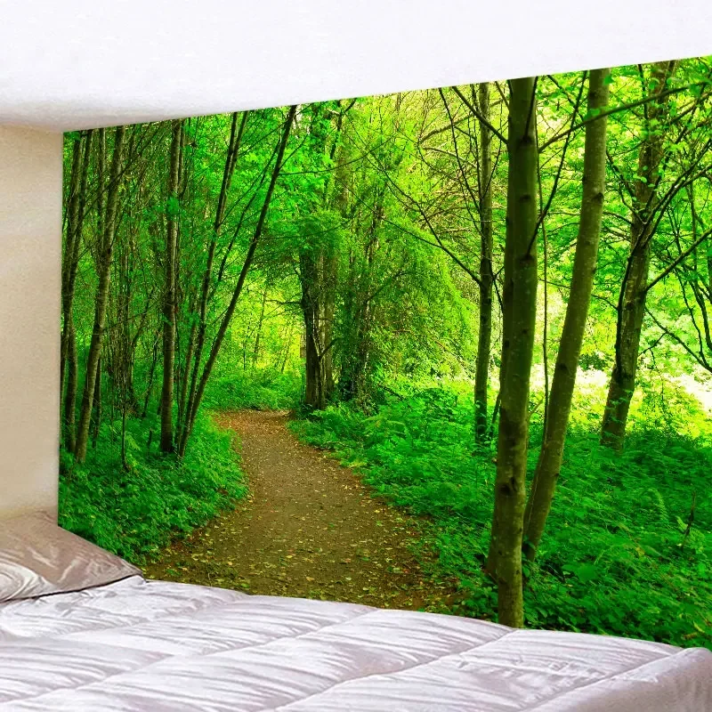 Large Natural Forest Chalet by the Lake Wall Tapestry – Hippie Landscape Art for Home Decor, Nature-Inspired Boho Wall Hanging