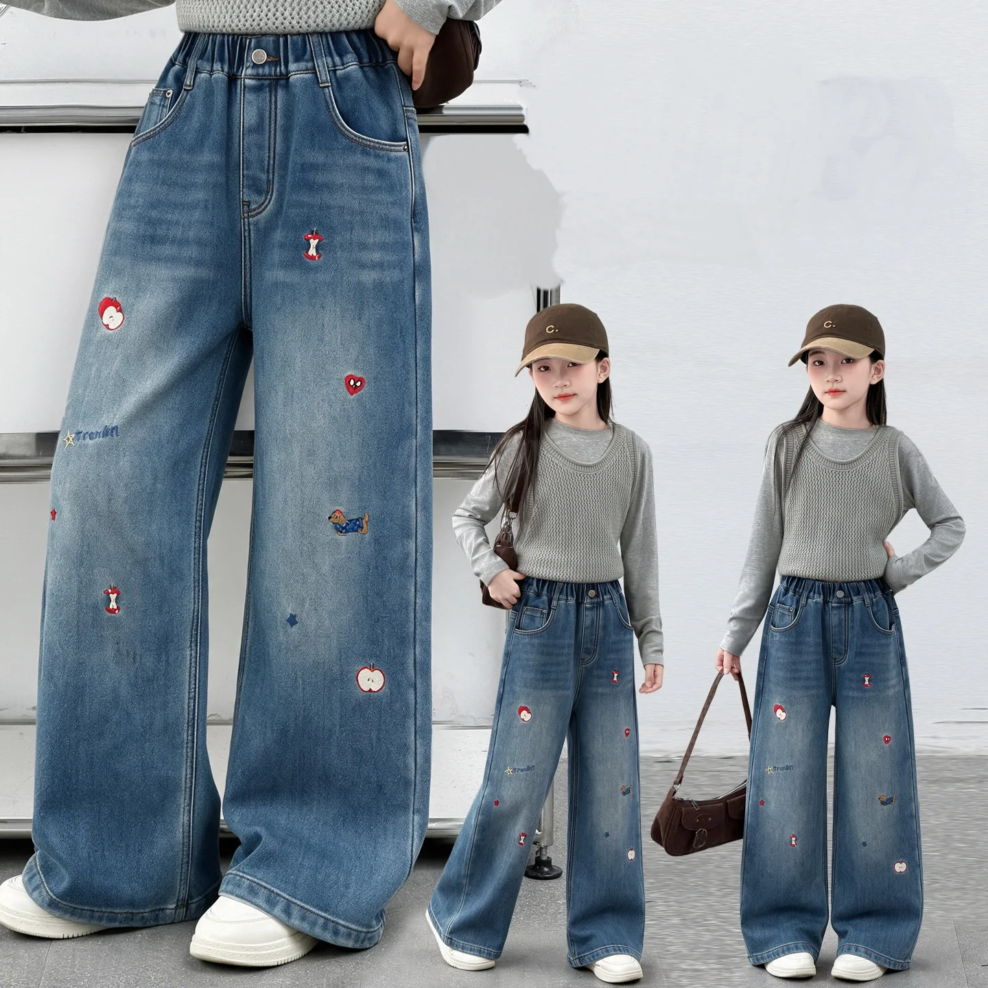 Girls Wide Leg Jeans New Style Teen Children Straight-Leg Denim Pants Spring Autumn Junior Kids Trousers with Apple Embroidery