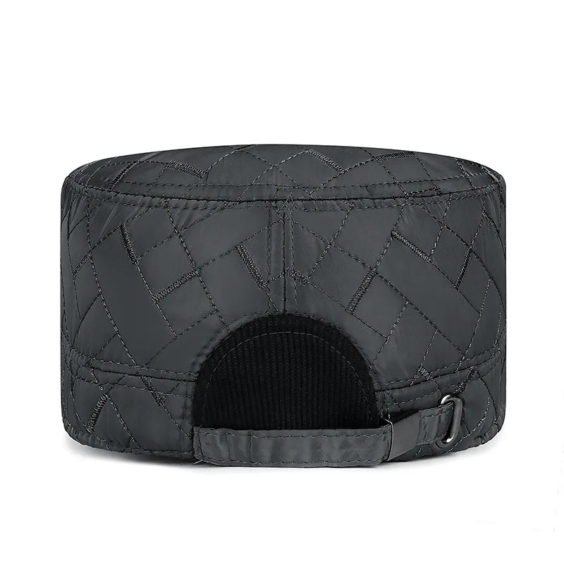 Men's Quilted Embroidered Fleece-Lined Flat-Top Cap for Winter, Outdoor Sports Warm Ear-Protective Cold-Resistant Cotton Cap