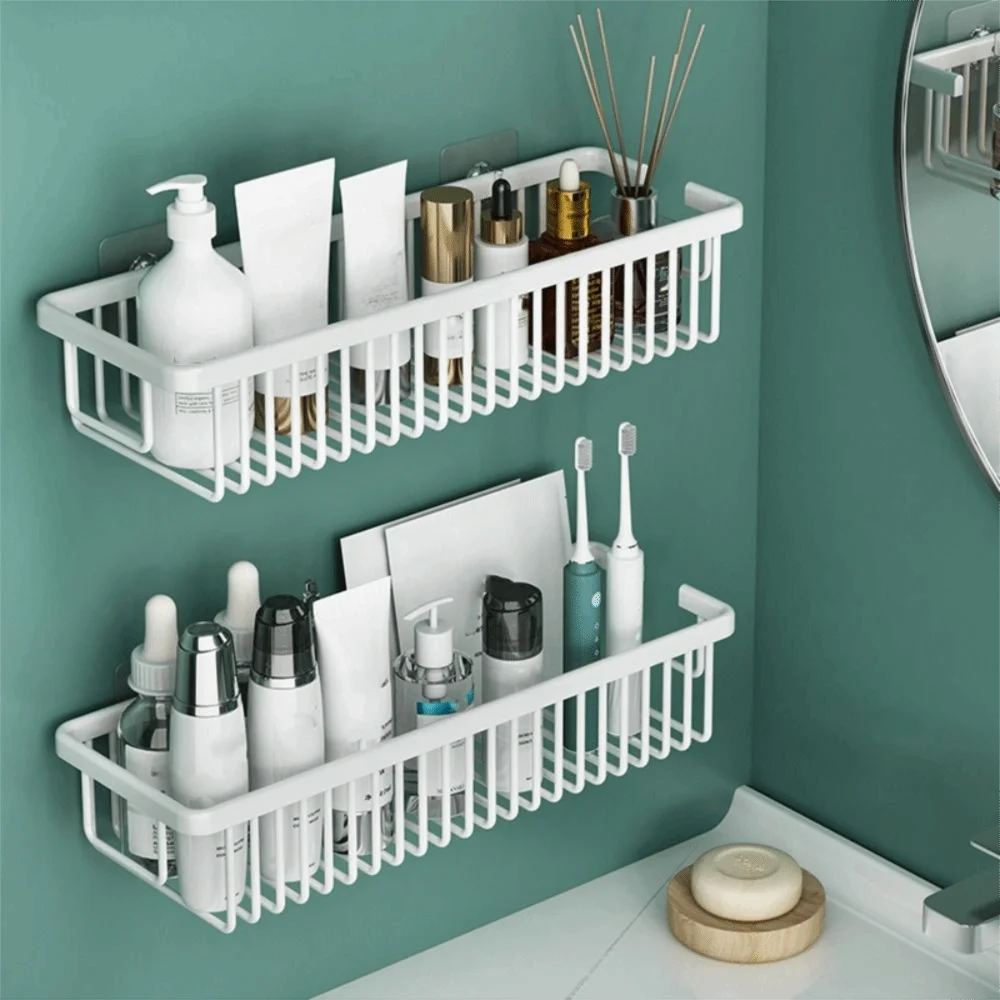 

Wall Mounted Bathroom Storage Rack Black/White Drainable Cosmetics Storage Rack Punch Free Rectangular Bathroom Storage Shelf