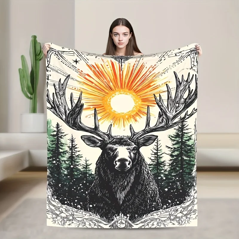 

Mystical Sun on Antlers Flannel Blanket –Vintage-Inspired Reversible Throw with Deer Silhouette & Cosmic Design,Polyester Warmth