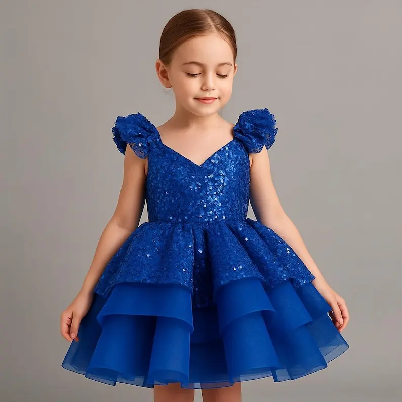 Flower Girl Dress Handmade Blue Sequin Toddler Dress: Sparkly Party Outfit with Bow