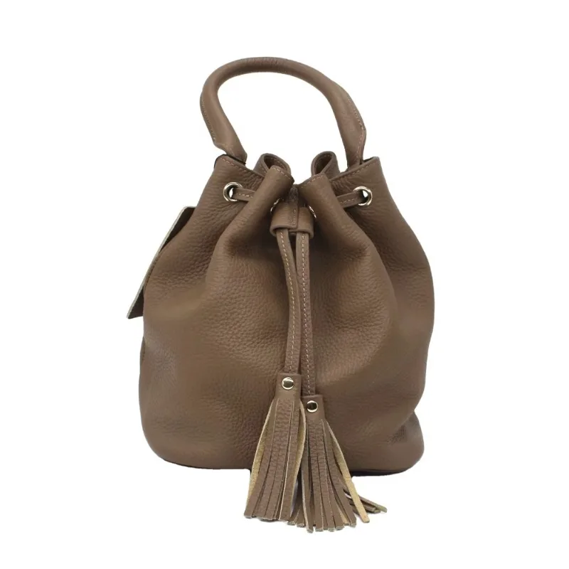 

Hot Selling Customized Grey Ladies Tote Bag Large Capacity Genuine Leather Draw String Handbag Fashionable Women Bucket Bag