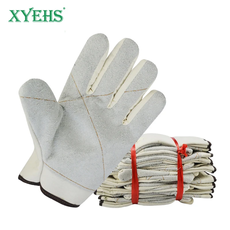 XYEHS-guantes de trabajo de seguridad para soldadura, 10 pares de lona con palma completa, refuerzo de cuero de vaca, forro engrosado, resistente al