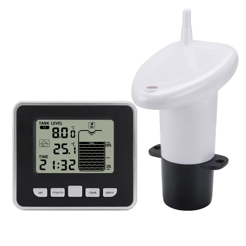 Medidor de nivel de líquido de tanque de agua inalámbrico ultrasónico con Sensor de temperatura, Monitor de nivel, pantalla de tiempo, indicador de batería baja A, 1pc