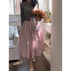 Korobov Pink Half Skirt Female Summer Pleated Shaggy Skirts Gentle A-line Skirt High Waist Large Swing Vintage Fashion Faldas