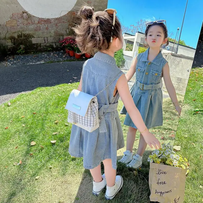 2024 Elegant Fashion Harajuku Slim Fit Children Clothes Loose Casual All Match Vest Skirt Solid Button Sleeveless Denim Dress