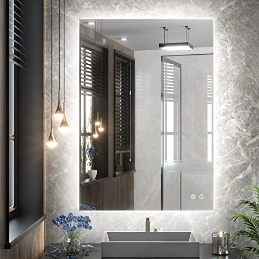 

Bathroom vanity mirror, LED backlit, 20 x 28 inches, white/warm/natural light modes, anti-fog, dimmable, wall mounted, silver f