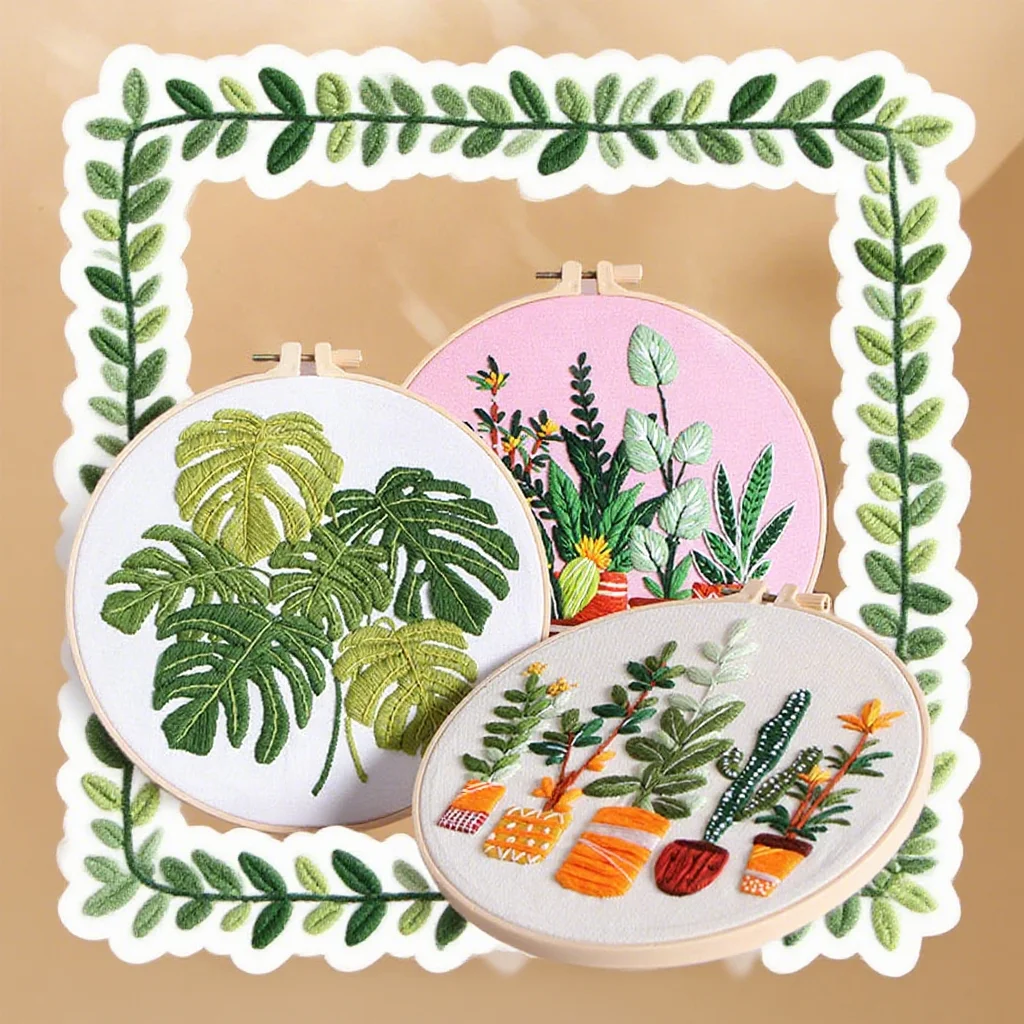 

DIY Green Plant European Style DIY Embroidery Craft Kit with Hoop for Beginner Cross Stitch Set For Home Decor Craft With Needle