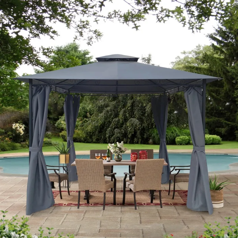 10x10 Ft Outdoor Patio Canopy Garden Gazebo Tent Awning With Curtains Gray[US-Stock]