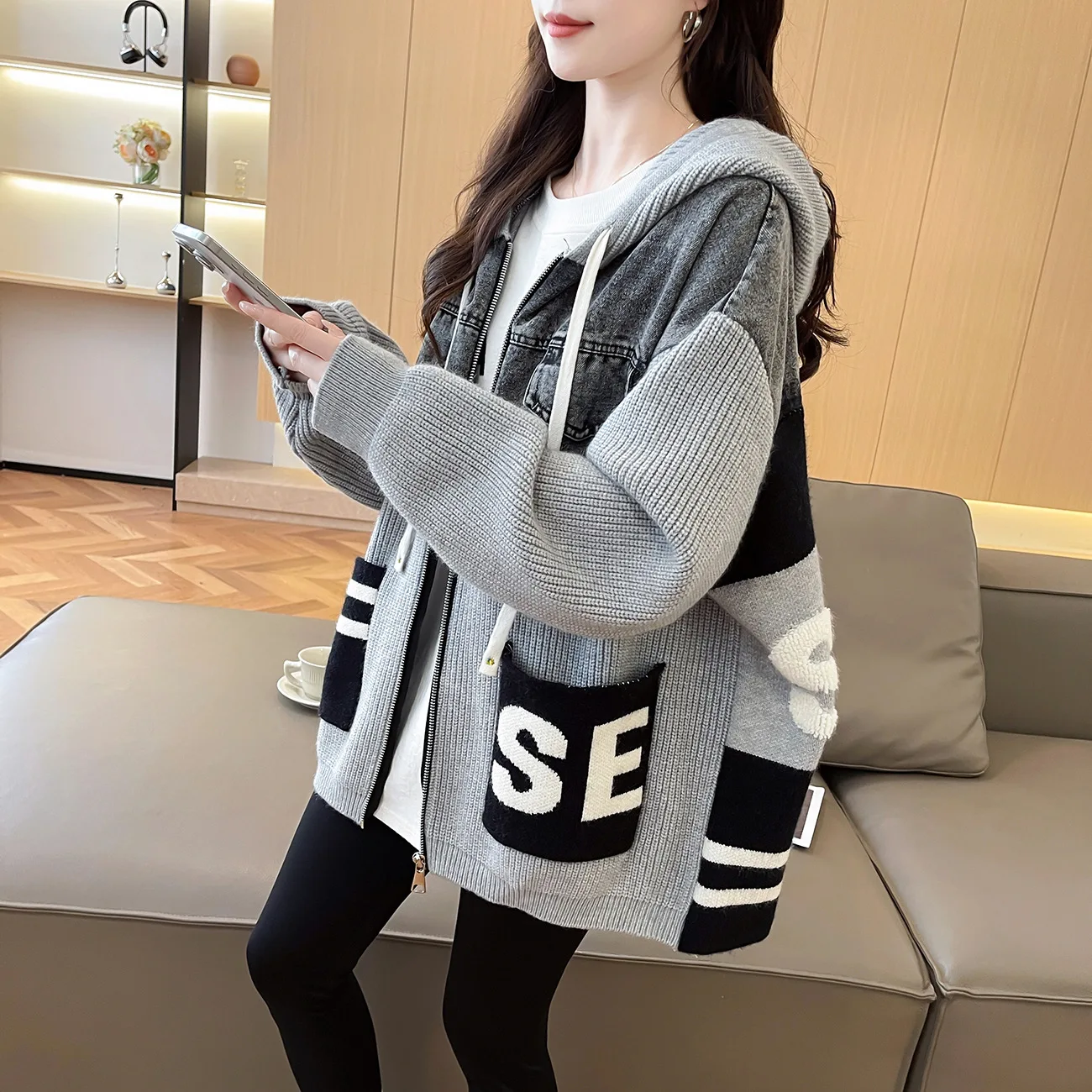 カーディガン女性コートフード付きジッパージャケットセーターカジュアルルーズジャンパー Y2k ストリートエレガントニットオープンステッチ秋冬