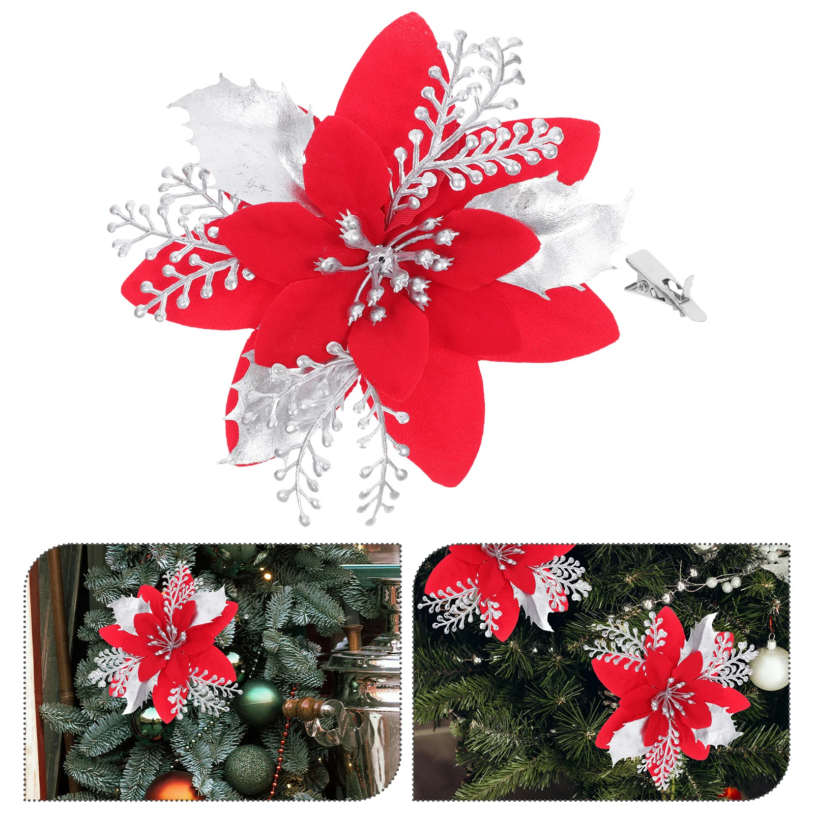 

6Pcs Christmas Flower Decorations Artificial Poinsettia Realistic Clip Cloth Floral Brooch Holiday Xmas Tree Wreath Ornament