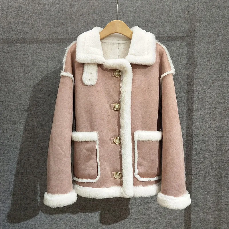 Women Lamb's Wool Suede Jacket Sheep Shearling Fur  Coat Female Short Warm High Collar Thickening Overcoat PT413