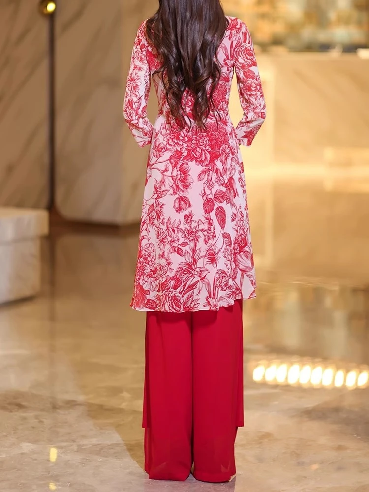 Elegant Women Summer Chiffon Two Piece Set Casual Wide Leg Pants Youthful Age Reducing High End Feel Outfit