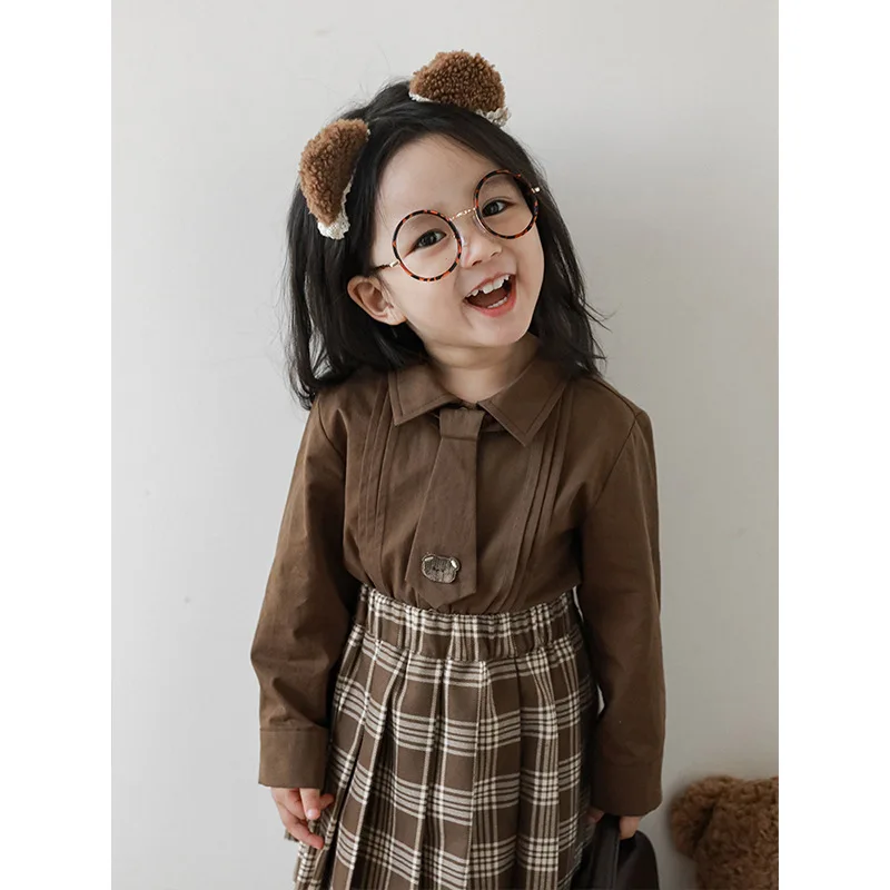 

Girls' College Style Bear Series Shirt and Skirt Set2025Spring and Autumn Children's Cartoon Vest Jacket