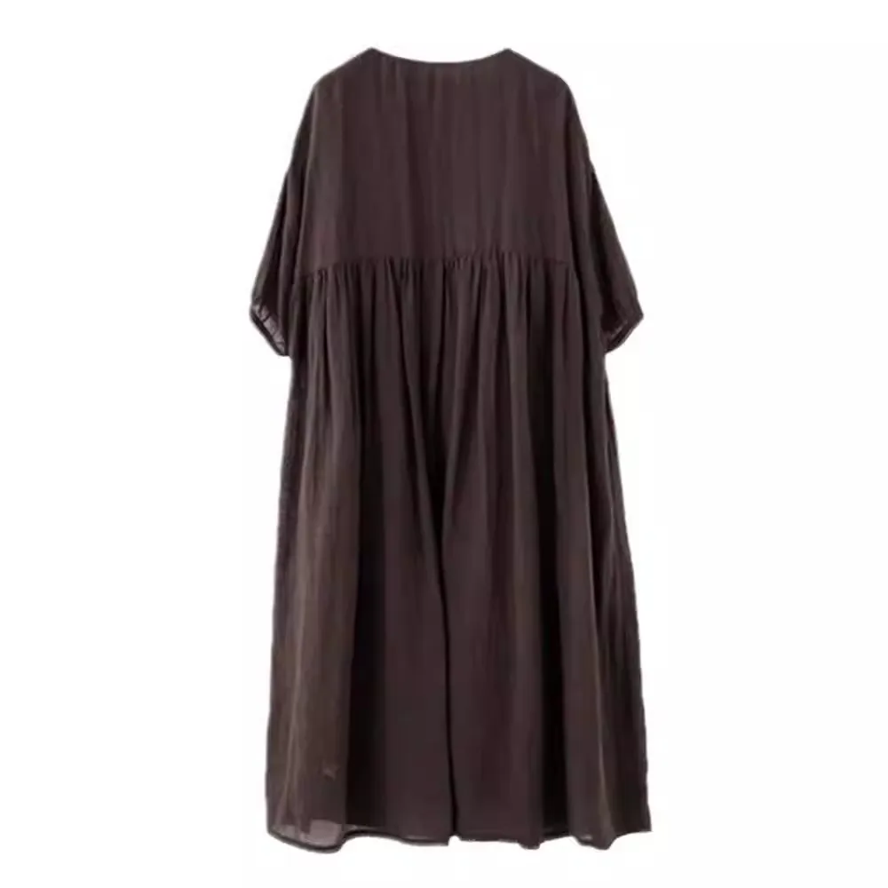 Vestido e de verano de lino y aodón fino, drapeado con textura arrugada, pado de acordeón, manga de burbuja de si...