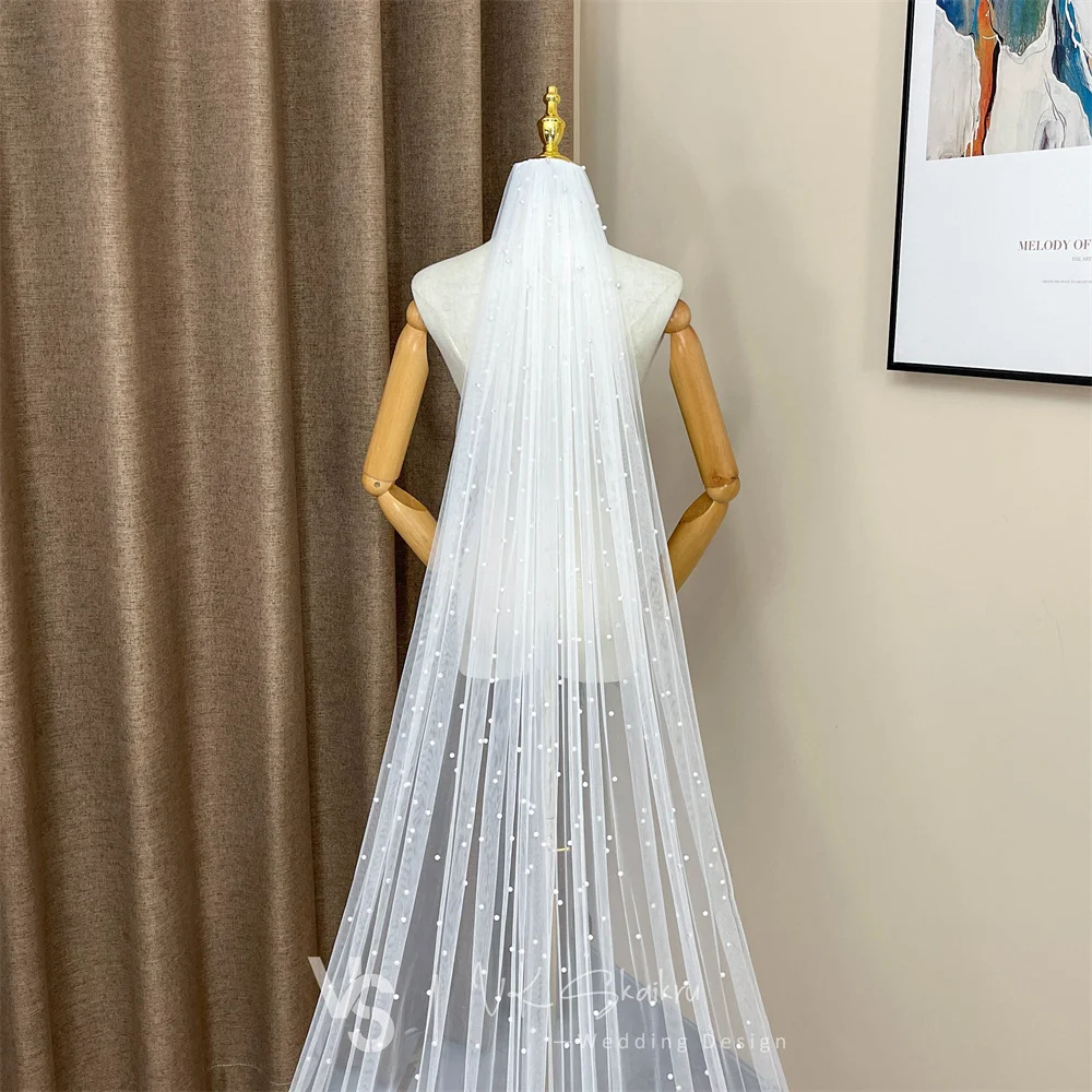 VK SKAIKRU Ivory Wedding Veils to Cover My Face Faux Pearl One Layer Cathedral เจ้าสาวตัดขอบ Wedding Veils สําหรับเจ้าสาว