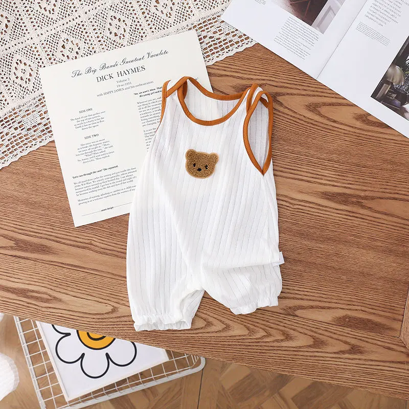 Summer Solid Infant Newborn Baby Overalls Romper Sleeveless Boys Jumpsuits Bear Embroidery Toddler Girls Outfit Clothing