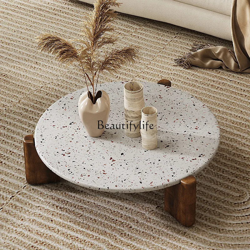 Nordic minimalist solid wood coffee table modern minimalist living room terrazzo round tea table