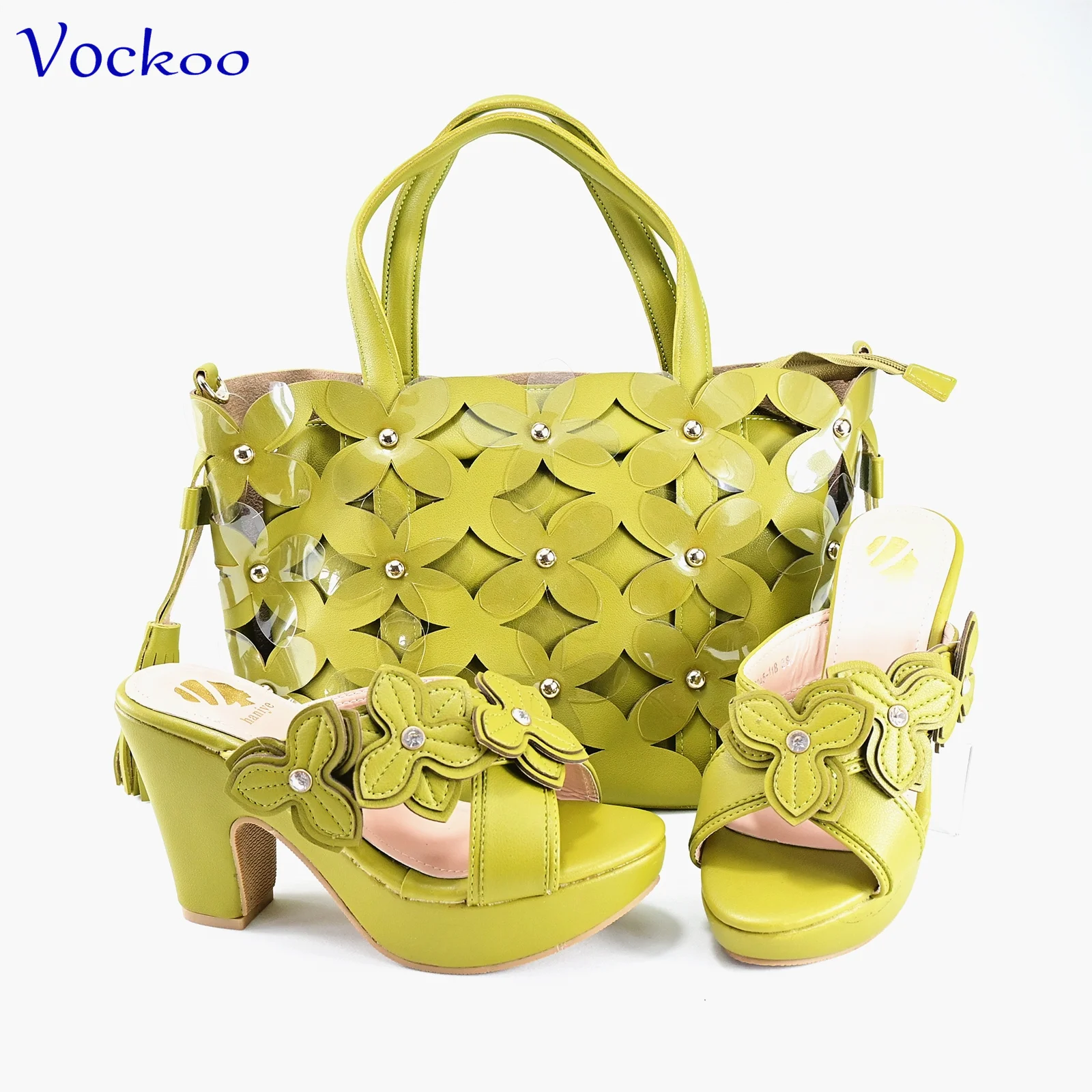 Classics Style Slipper with Platform Elegant African Women Shoes Matching Bag Set in Lemon Green Color for Wedding Party