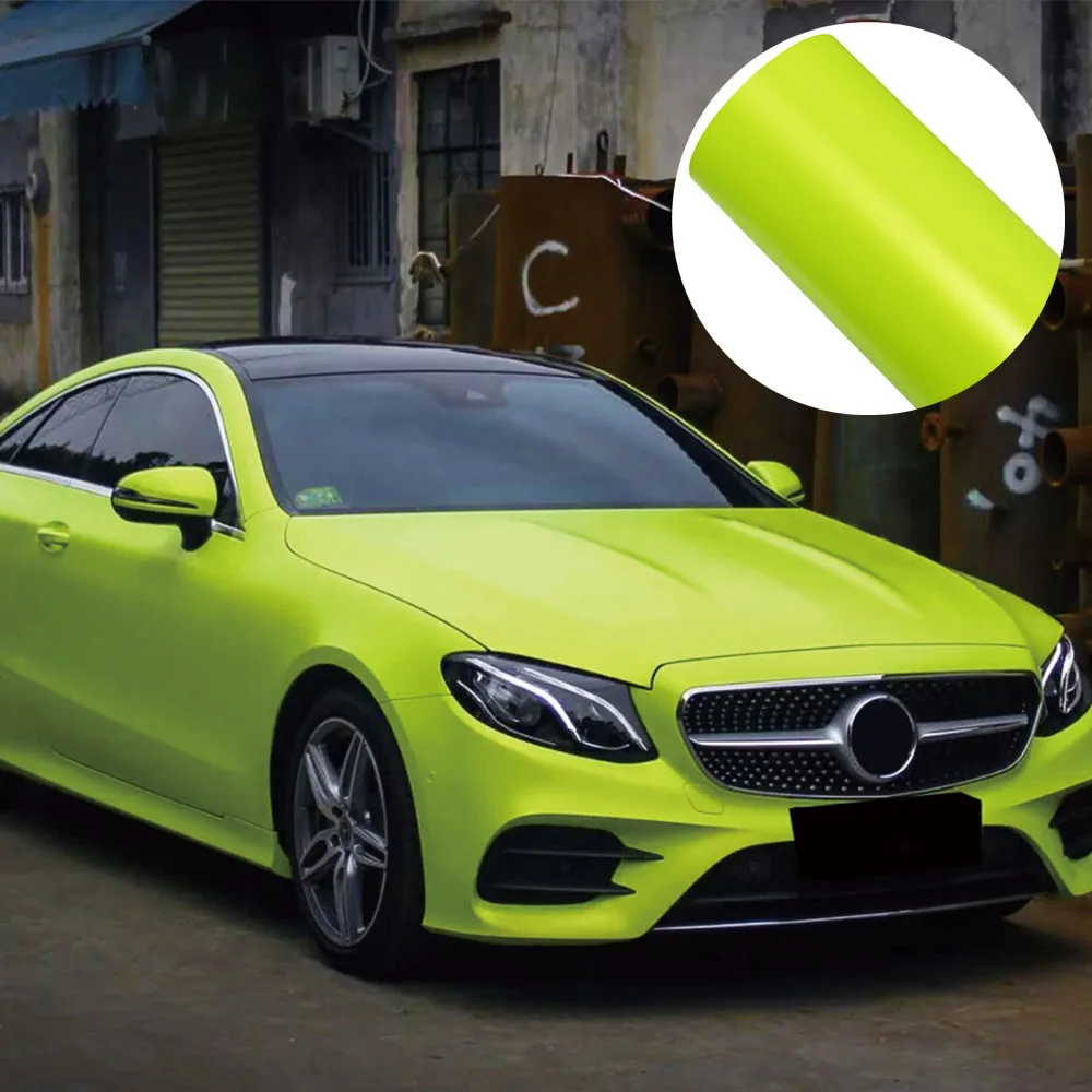 PET Matte Metallic Lime Yellow‑Green Car Vinyl Wrap Film, Air Release Bubble Free Self‑Adhesive Color‑Change Decal Sticker Roll