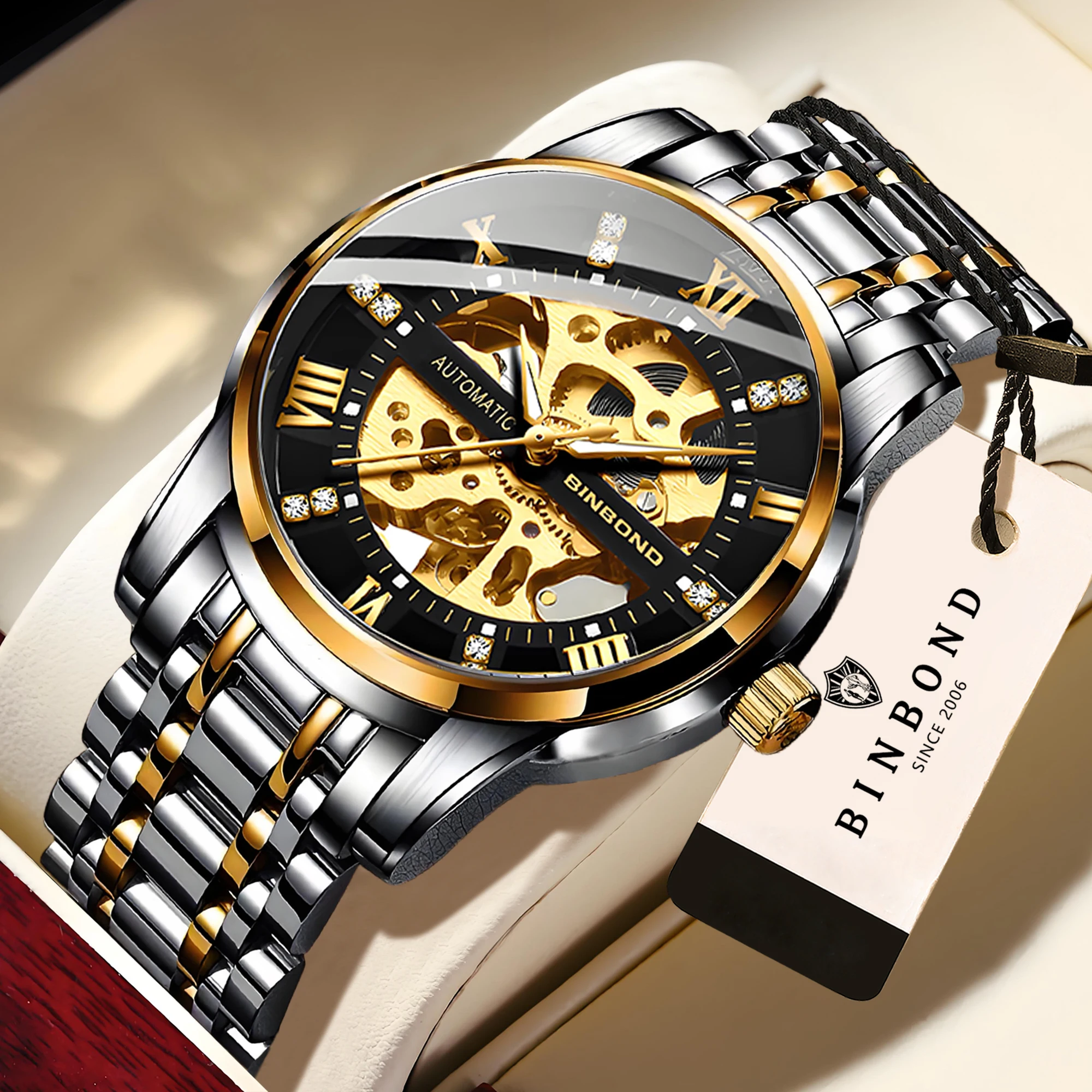 BINBOND Skeleton Mechanical Wristwatches for Men Luxury Luminous Waterproof Reloj Automatic Precise Tourbillon Men's Watch