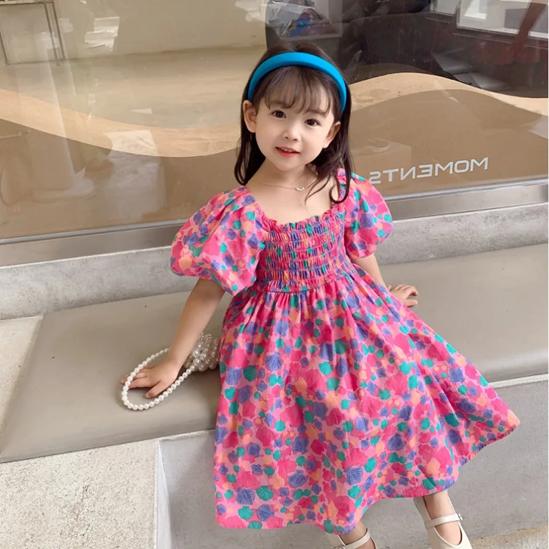 Summer Casual Baby Girls Cotton Sweet Pleat Puff Sleeves Floral Printing Lace Up Back Dress Kids Lovely Outfit Clothing 2-8Years