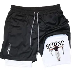 Shorts masculinos de corrida de plataforma dupla, shorts de ginástica esportiva, calças curtas fitness, treino esportivo, musculação, anime 2 em 1