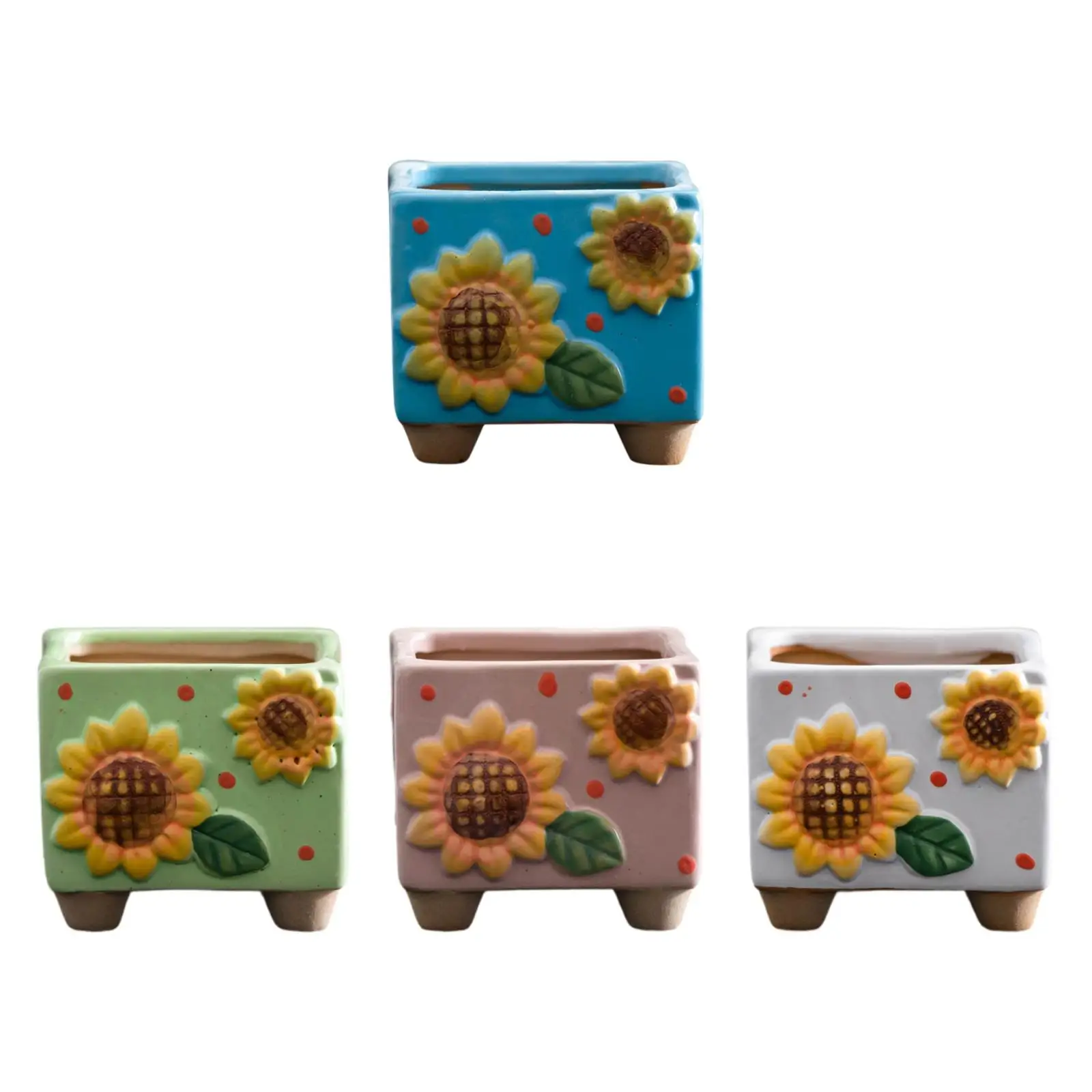 Ceramic Sunflower Planter Decorative Plant Pot Housewarming Gift Tabletop Ornament Small Square Flower Pot for Desk Shelf
