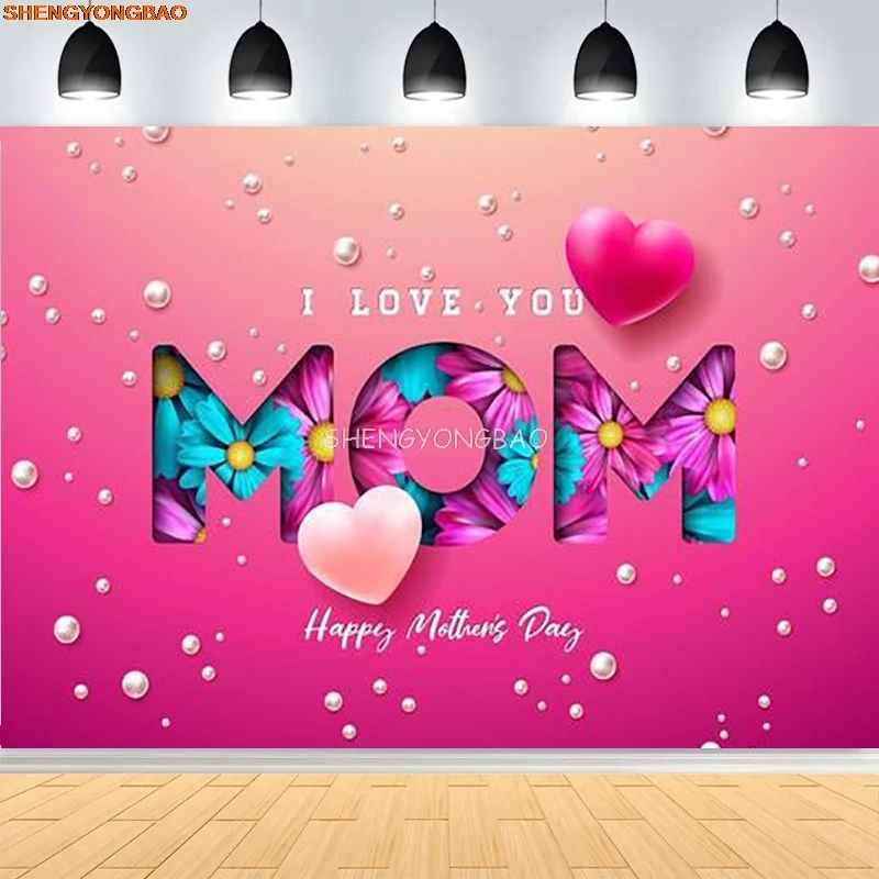 

Happy Mother's Day Backdrop Red Pink Flower Butterfly Heart I Love You Mom Mother Portrait Photography Background Decor MO-03