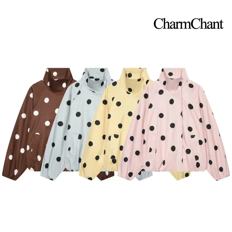 CHARMCHANT Women Vintage Polka Dot Print Jacket Stand Collar Elastic Cuff Cropped Windproof Outerwear Streetwear Spring 2026
