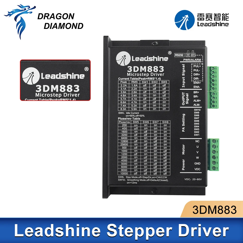 

Leadshine 3DM883 Stepper Motor Driver Leadshine 3 Phase 20~80 VDC 8.3A 0.1A 400kHz For Co2 Laser Engraving and Cutting Machine