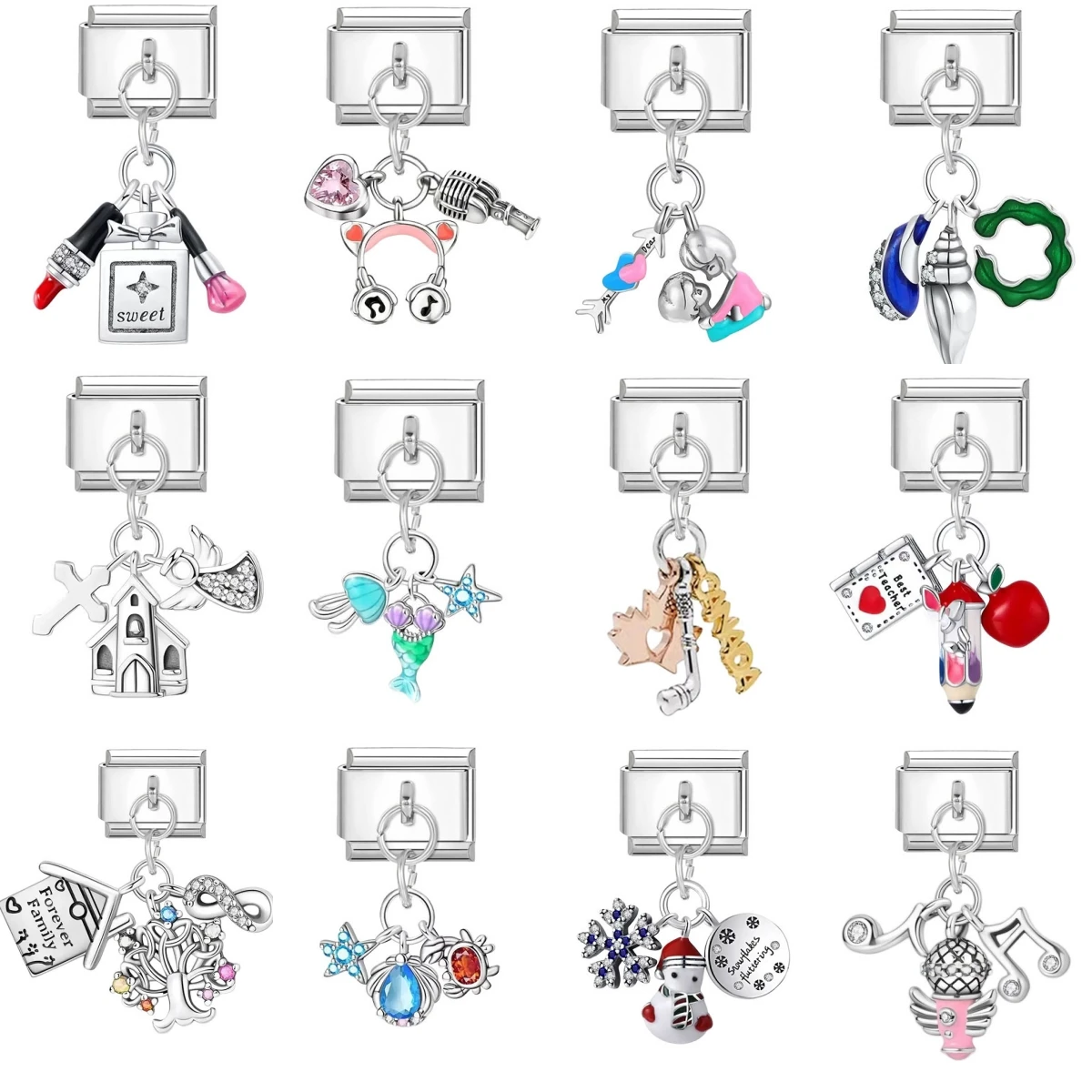 Enamel Daily Hobby Shiny Lipstick Pencil Mermaid Italian Charm Links Fit 9MM Stainless Steel Bracelet Jewelry DIY Making Gifts
