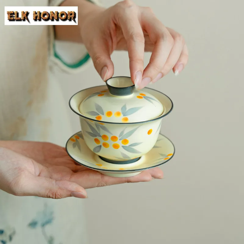 

160 мл чистая ручная роспись чая Loquat Tureen антикварный порошок Инь Санкатай Гайвань чайная крышка чаша кунг-фу чайные услуги украшения
