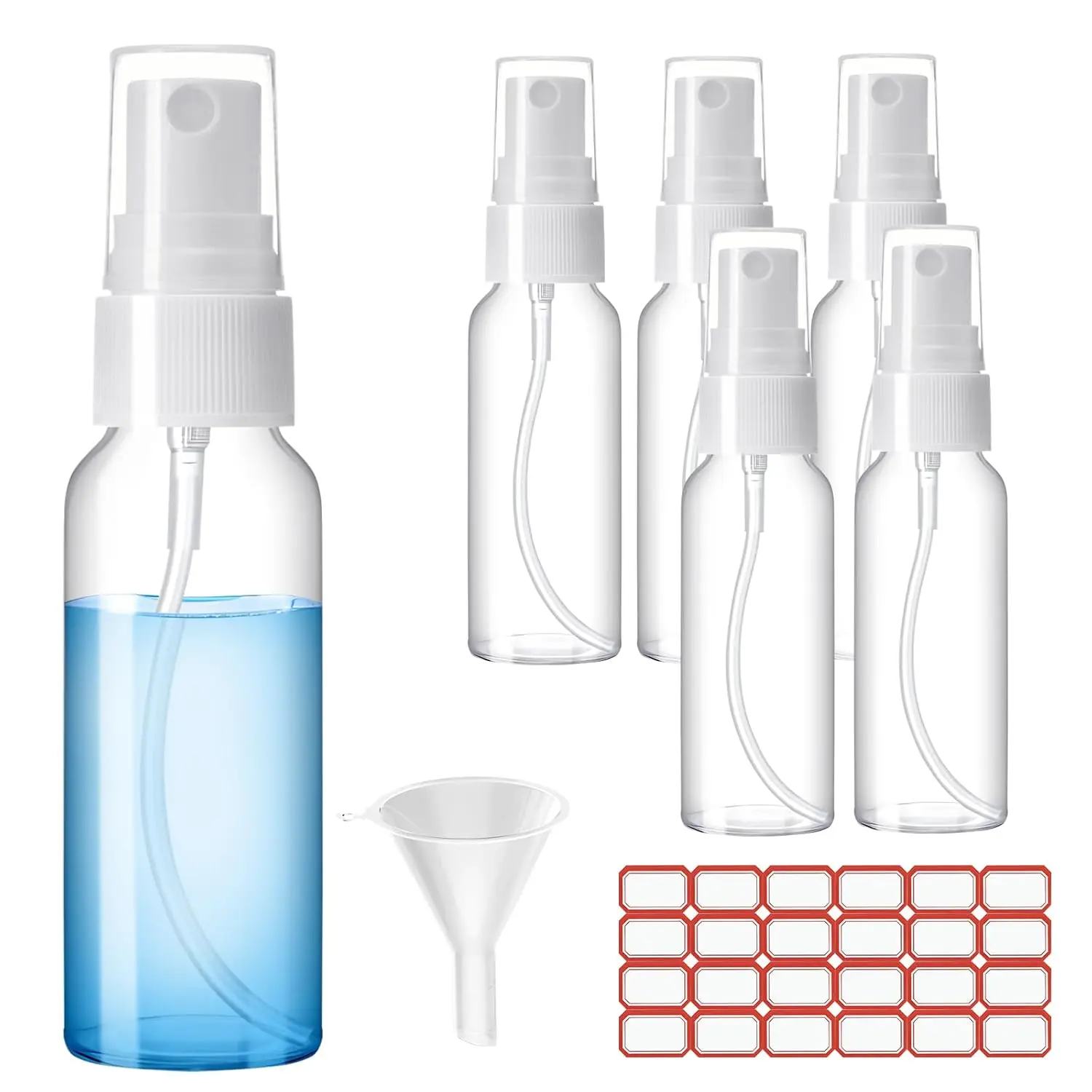 

Spray Bottles 2oz Fine Mist Empty Plastic Travel Set, Refillable Liquid Containers with Funnels and Labels, Leakproof BPA Free