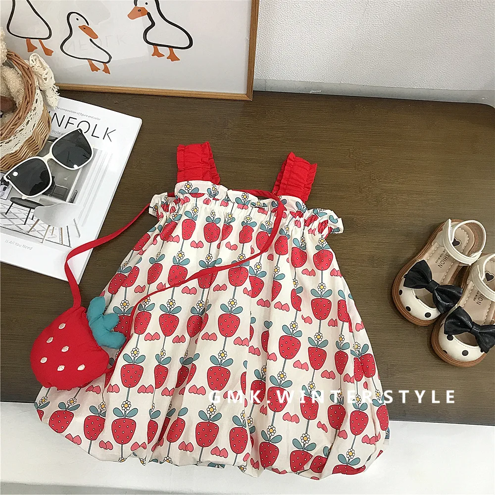 2024 Summer Children Girl Two-piece Set Printed Toddler Girl Sling Floral Bud Dress Suit Casual Strawberry Bag Baby Girl Outfits