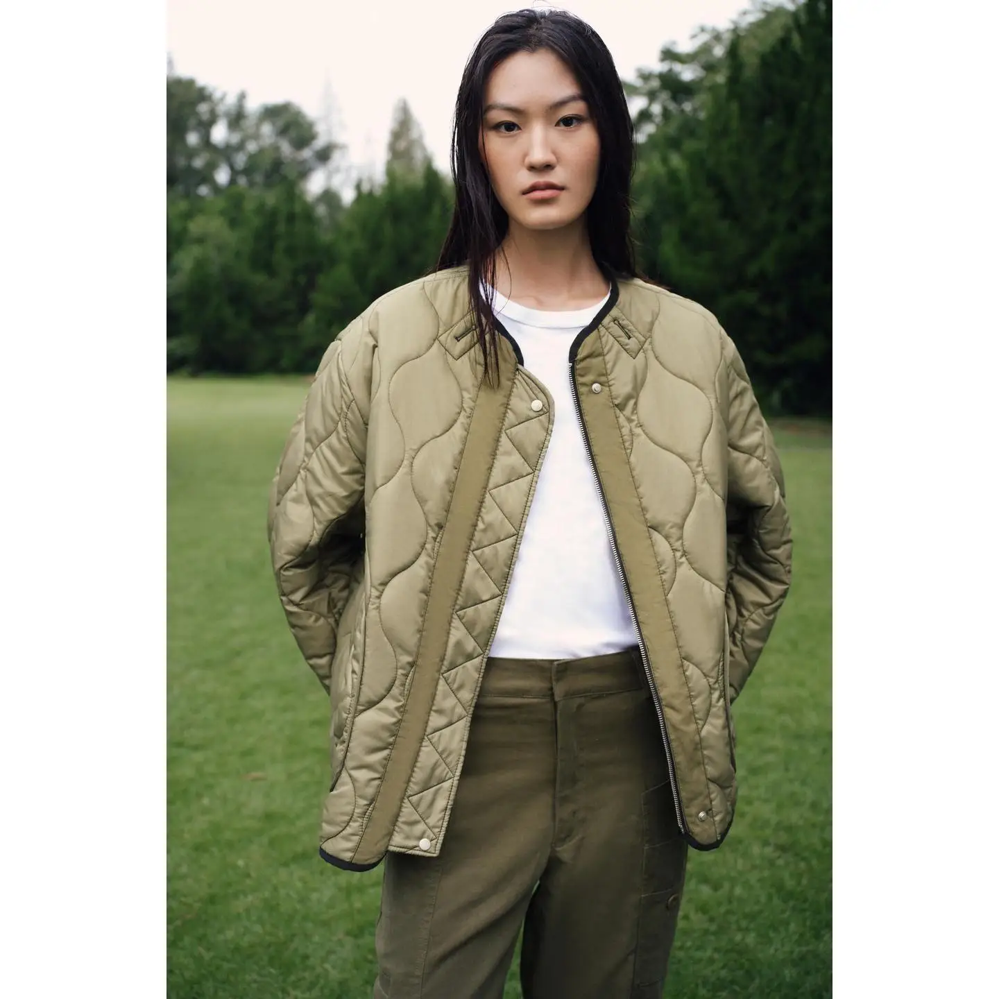 

Double-Sided Wear Long Sve Cotton Jaet round Ne Patchwork Fabric Street Sle Loose Fit Regular Thin Zipper Closure