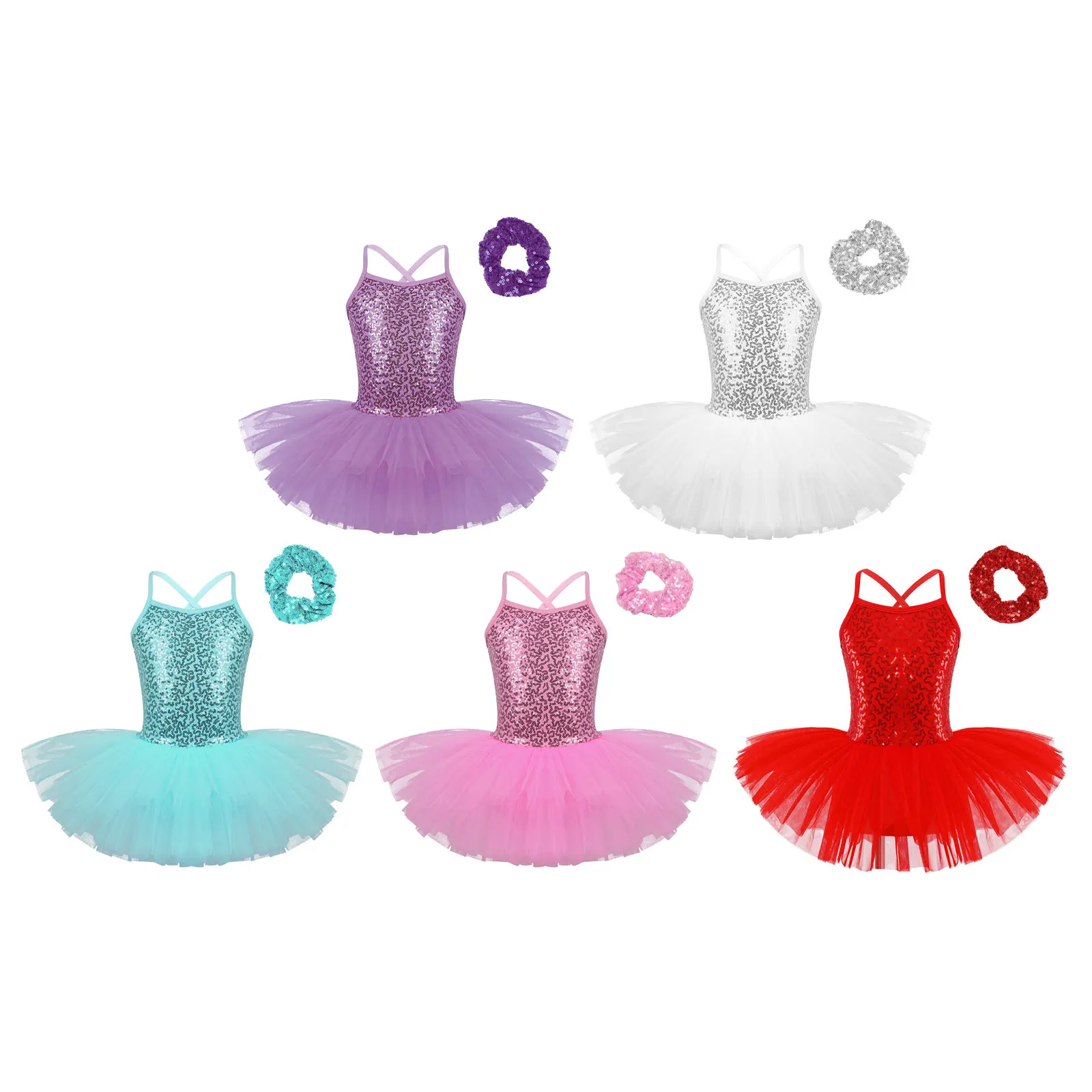 Kids Girls Ballet Dance Leotard Dress Ballerina Sequined Tutu Dress Rhythmic Gymnastics Bodysuit Dress Stage Performance Costume